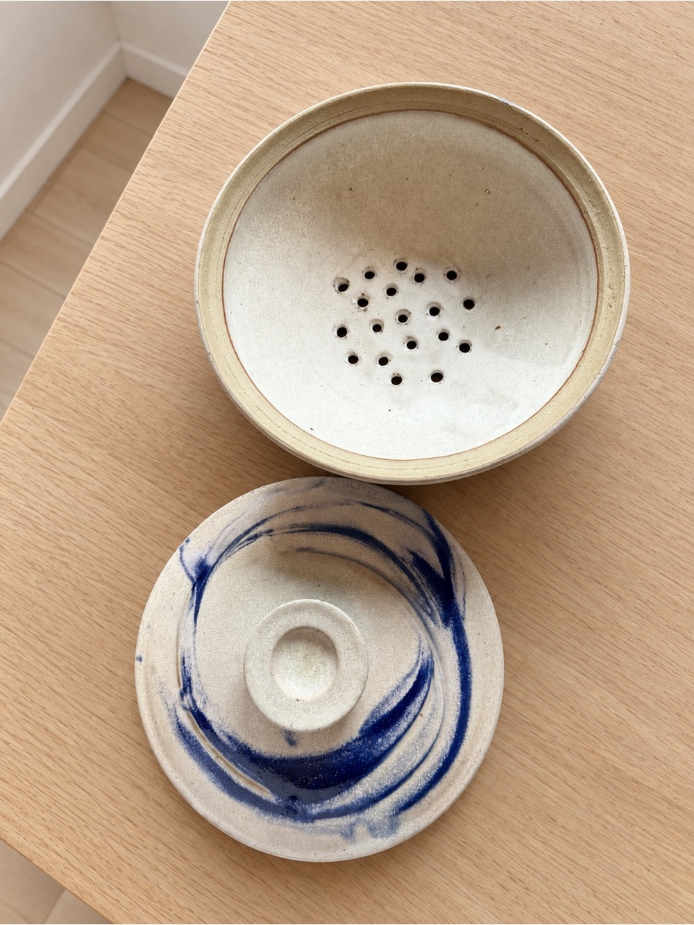 Studio Pottery Handmade Ceramic Berry Colander - Blue Swirl Stoneware
